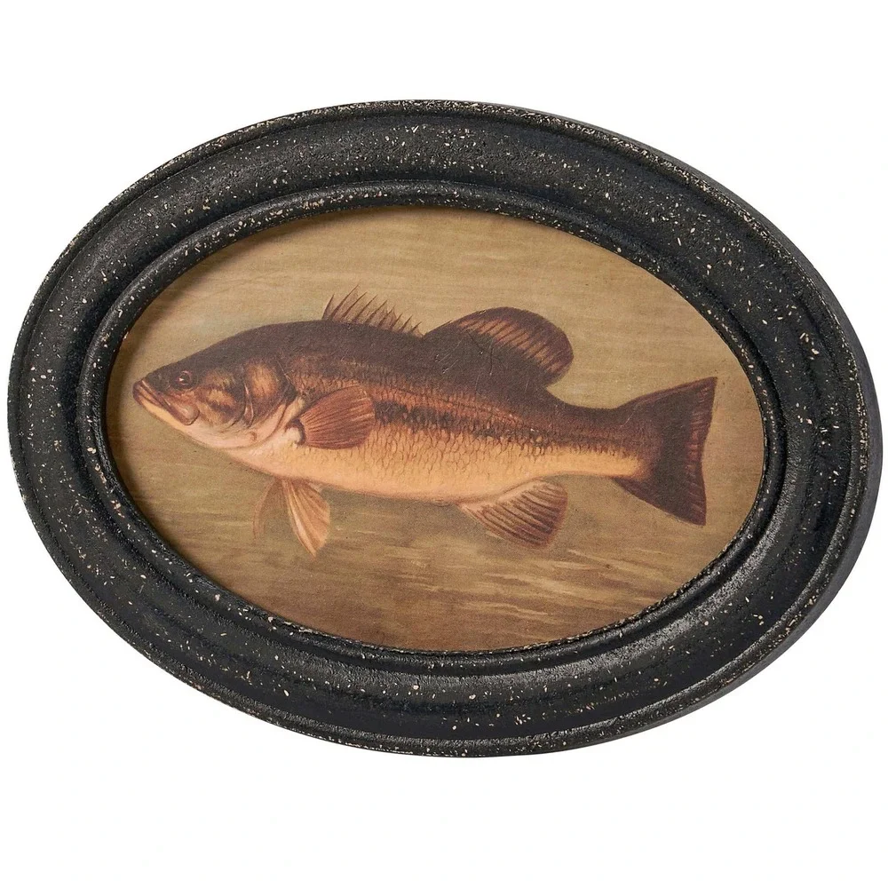 Bass Fish Framed Wall Art Black Oval Vintage Style Lake Cabin Lodge Decor